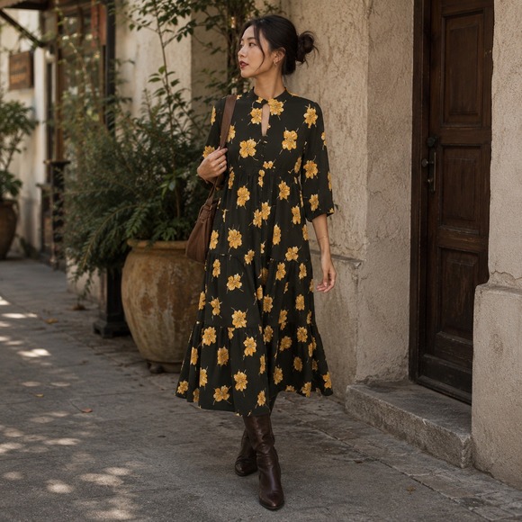 Madewell Dresses & Skirts - Madewell Olive Green Yellow Fall Floral Tiered Button Front Maxi Dress M
